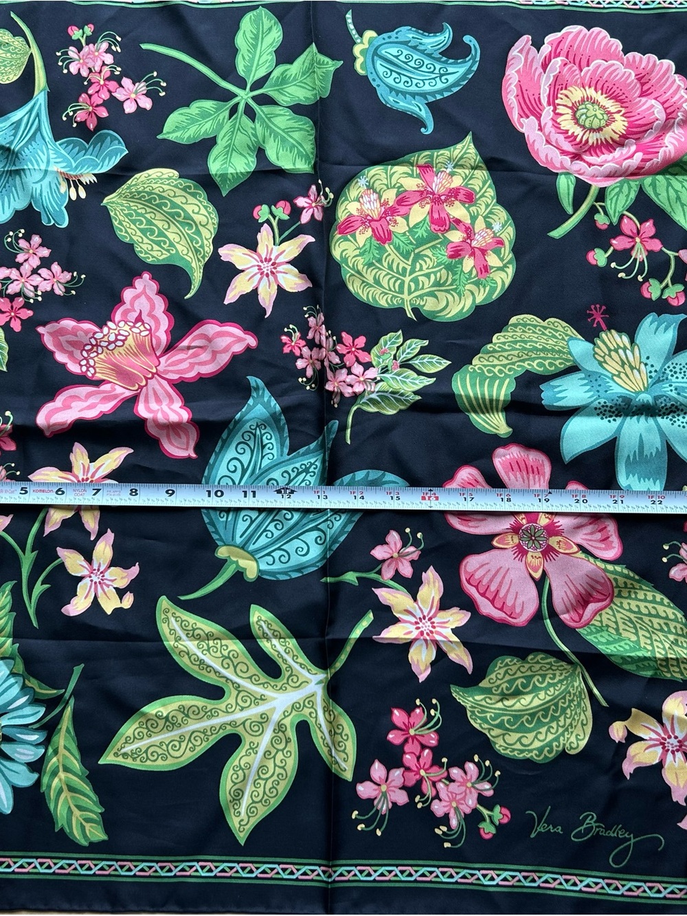 NEW Vera Bradley Black Silk Square Scarf Floral Botanical Print Pink Teal Green - Picture 4 of 5